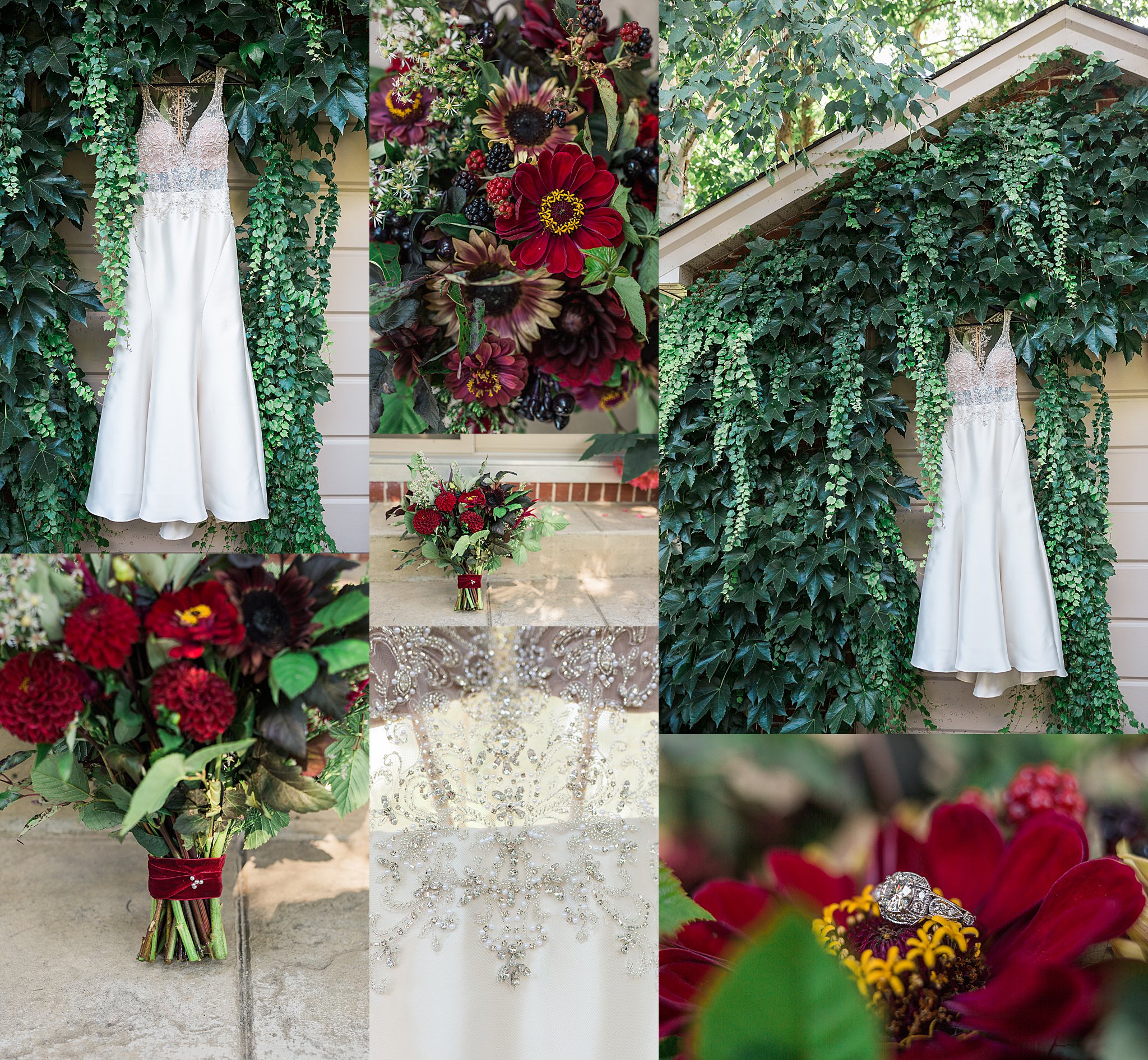 fall flowers and a beautiful wedding dress displayed in a small home in London Ontario's Wortley village